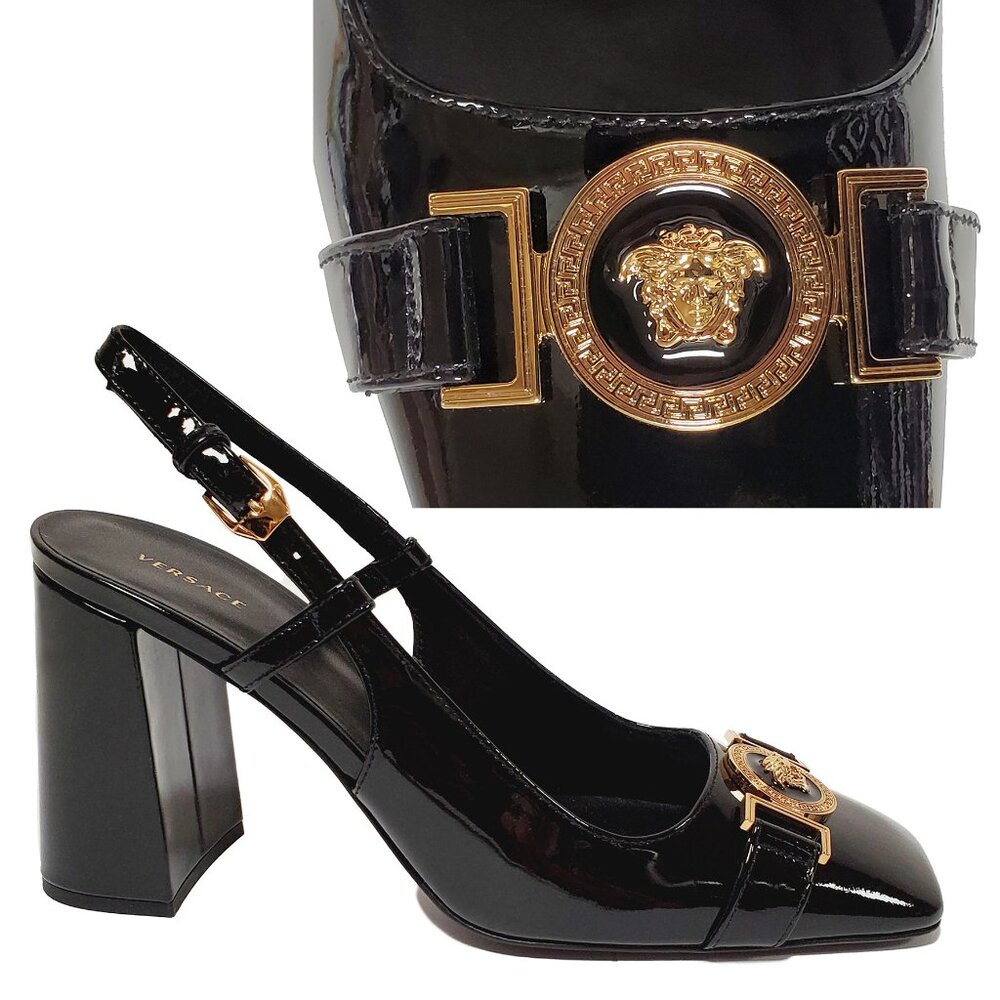 VERSACE SHOES BLACK LEATHER w MEDUSA HIGH HEEL SLINGBACK SANDALS sz IT 37 US 7